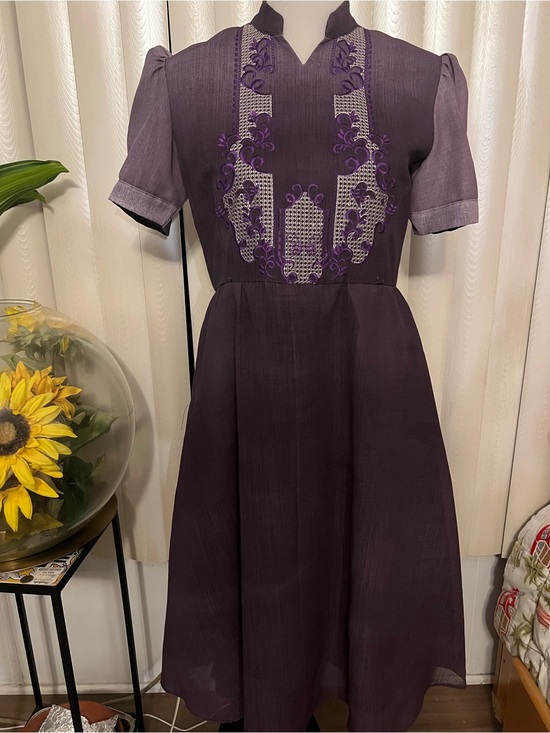 Dresses & Skirts - Barong Tagalog Elegant Purple Embroidered Midi Dress with Short Sleeves
